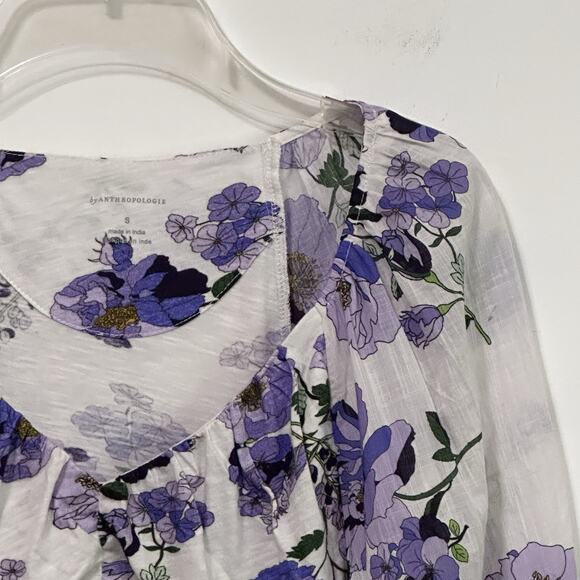 Anthropologie Blouse S V Neck Ruched Purple Floral Ballon Sleeve Boho Summer Top - Picture 3 of 11